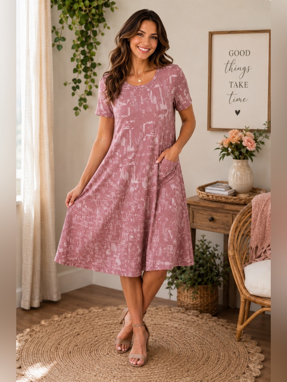 LuLaRoe Carly Swing Dress – Women’s Medium – Dusty Rose Geometric Print